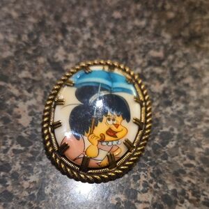 Vintage Cartoon Character Brooch with Gold Trim